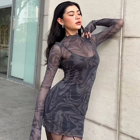 Y2K Sheer Marble Print Mini Dress