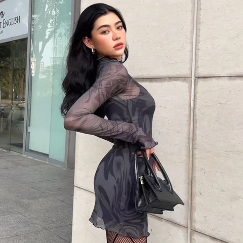 Y2K Sheer Marble Print Mini Dress