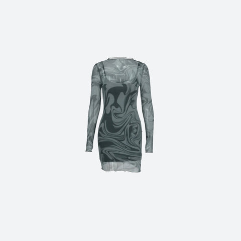 Y2K Sheer Marble Print Mini Dress