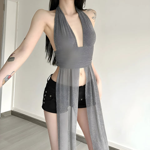 Y2K Shimmer Goddess Halter Top
