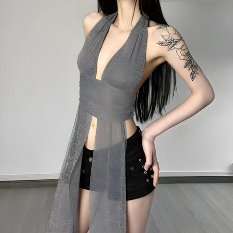 Y2K Shimmer Goddess Halter Top