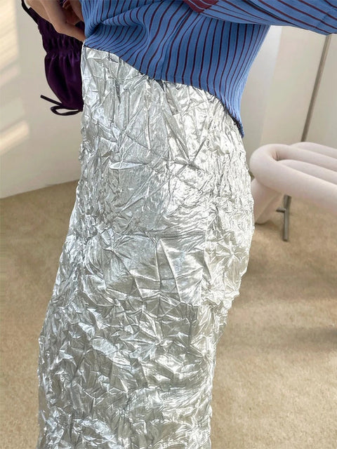 Y2K Silver Wrinkled Midi Skirt