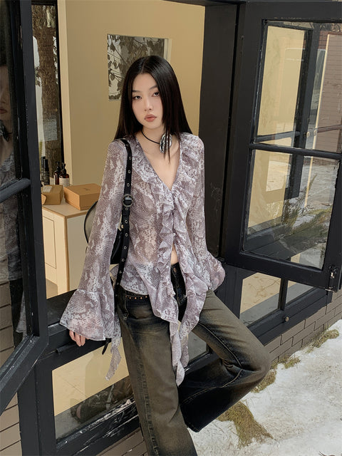Y2K Snakeskin Ruffled Blouse