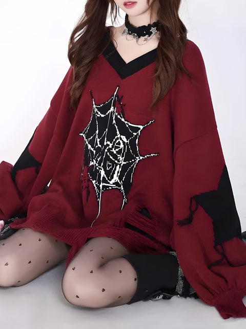 Y2K Spider Web Distressed Sweater