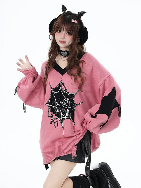 Y2K Spider Web Distressed Sweater