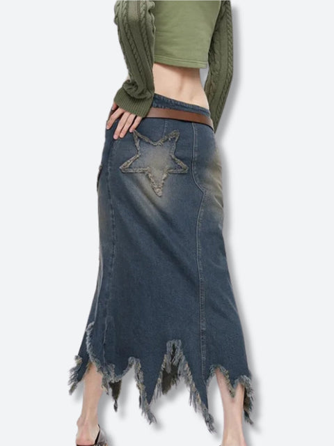 Y2K Star Patch Denim Midi Skirt