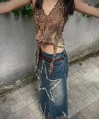 Y2K Star Patch Denim Midi Skirt