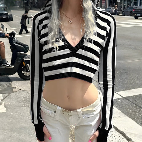 Y2K Striped Hooded Crop Top