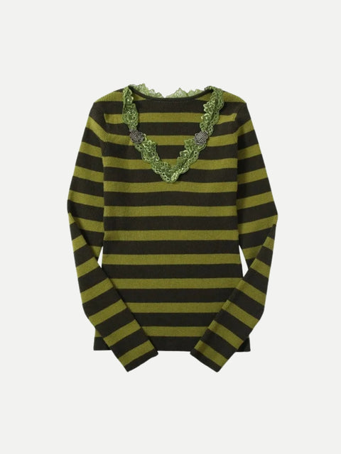 Y2K Striped Lace Trim Top