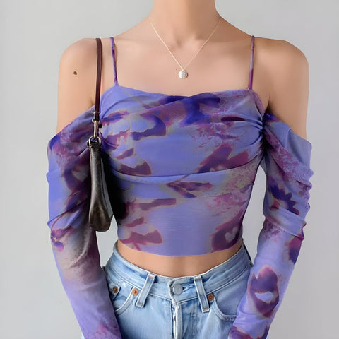 Y2K Tie Dye Off Shoulder Mesh Top