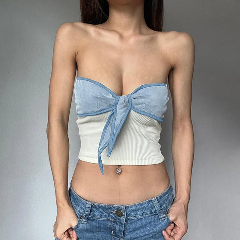 Y2K Tie Front Strapless Top