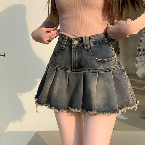 Y2K Washed Pleated Denim Skirt