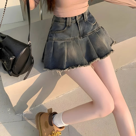Y2K Washed Pleated Denim Skirt