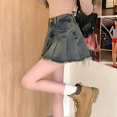 Y2K Washed Pleated Denim Skirt