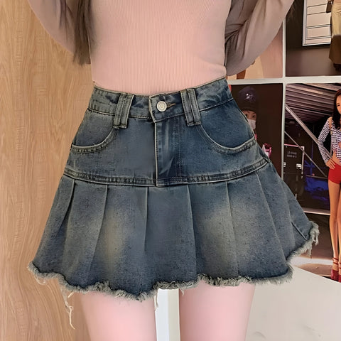 Y2K Washed Pleated Denim Skirt