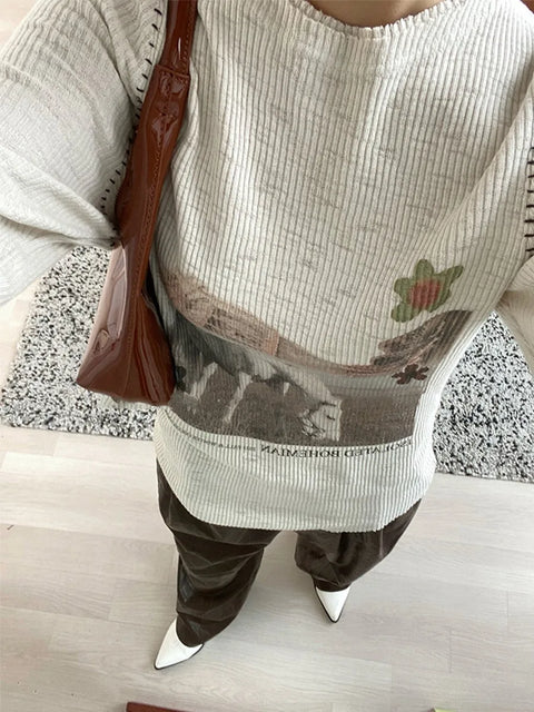 Y2K White Horse Sweater