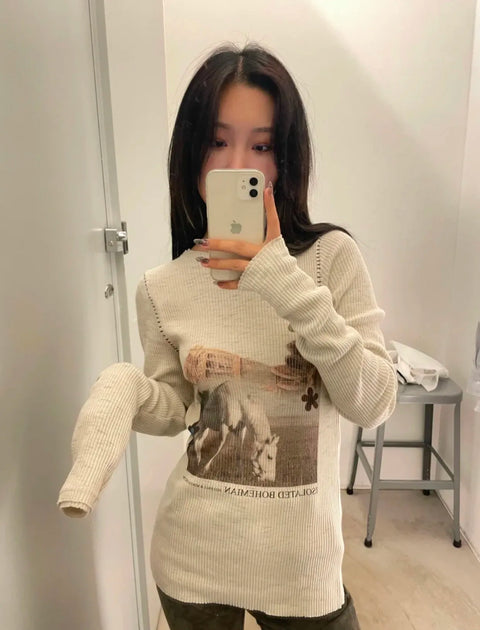 Y2K White Horse Sweater