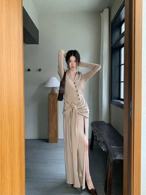Y2K Wrap Tie Slit Maxi Dress