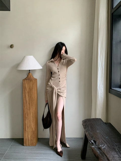 Y2K Wrap Tie Slit Maxi Dress