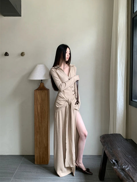 Y2K Wrap Tie Slit Maxi Dress