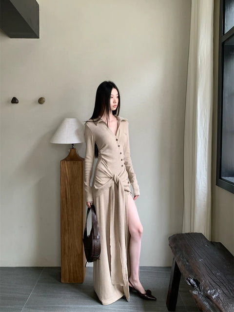 Y2K Wrap Tie Slit Maxi Dress
