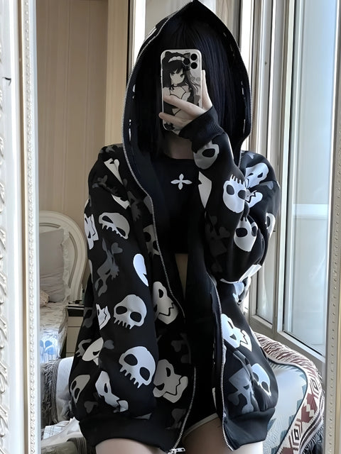 Y2K Goth Skull Full Zip Up Hoodie