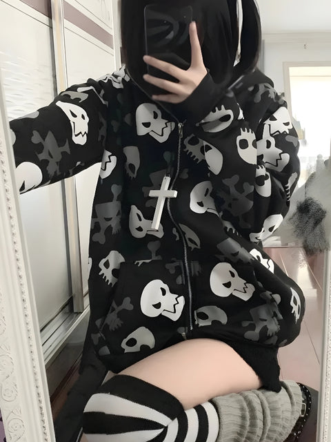 Y2K Goth Skull Full Zip Up Hoodie