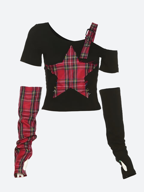 Y2K Grunge Plaid Star Patch Top